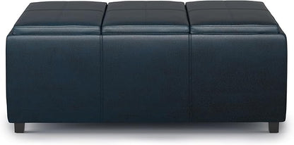 SIMPLIHOME Avalon 42 inch Wide Contemporary Rectangle Storage Ottoman in Distressed Dark Blue Vegan Faux Leather, Assembled, for the Living Room, Entryway and Family Room