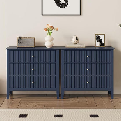 RoyalCraft 32" Large Nightstand, Fluted Painted Wood Dresser with 3 Spacious Drawers, Blue Modern Bedside Table for Bedroom