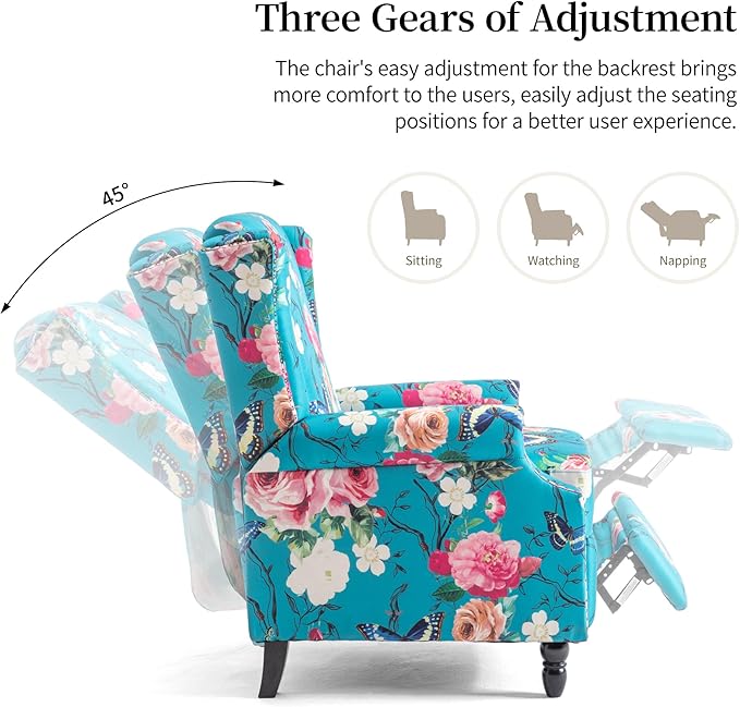 Pushback Recliner Chair, Floral Fabric Wingback Recliner Chair, Upholstered Armchair Push Back Recliner, Rivet Trim Single Sofa Accent Chair with Wood Legs for Living Room, Peacock Blue