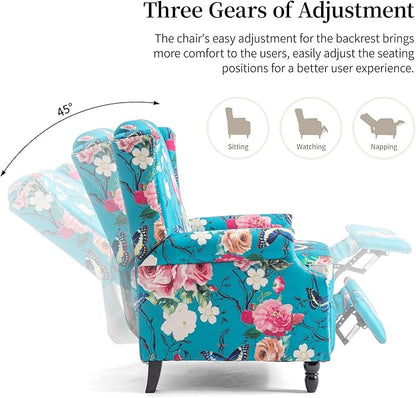 Pushback Recliner Chair Set of 2, Floral Fabric Wingback Recliner Chair, Upholstered Armchair Push Back Recliner, Rivet Trim Single Sofa Accent Chair with Wood Legs for Living Room, Peacock Blue