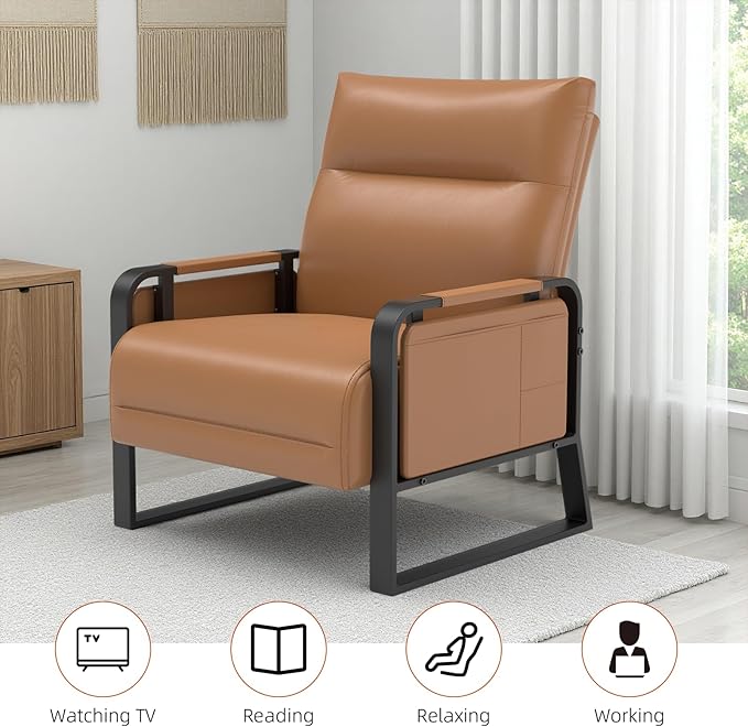 Upholstered Accent Chair, Modern Faux Leather Sofa Chair with Foldable Side Tray Table & Storage Pocket, Small Accent Sofa for Living Room, Bedroom, Reception Room, Brown