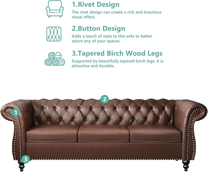 2 Piece Living Room Sofa Set, 3 Seater Faux Leather Sofa Couch and Chair Set, Mid Century Modern Upholstered Couch with Cushions, Vintage Comfy Tufted Chesterfield Couches for Bedroom, Office (Brown)
