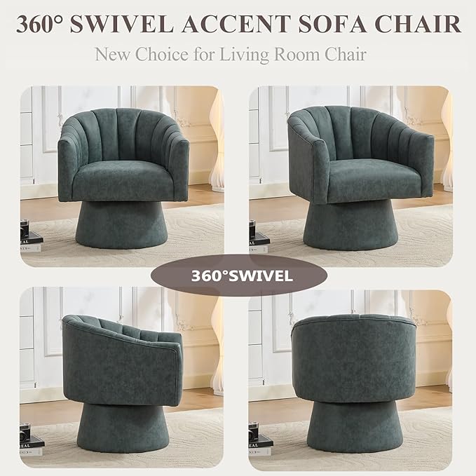 Swivel Accent Chair, Faux Leather 360° Swivel Barrel Chair Upholstered Modern Living Room Chair, Overstuffed Reading Armchair for Bedroom,Vanity,Office-Navy
