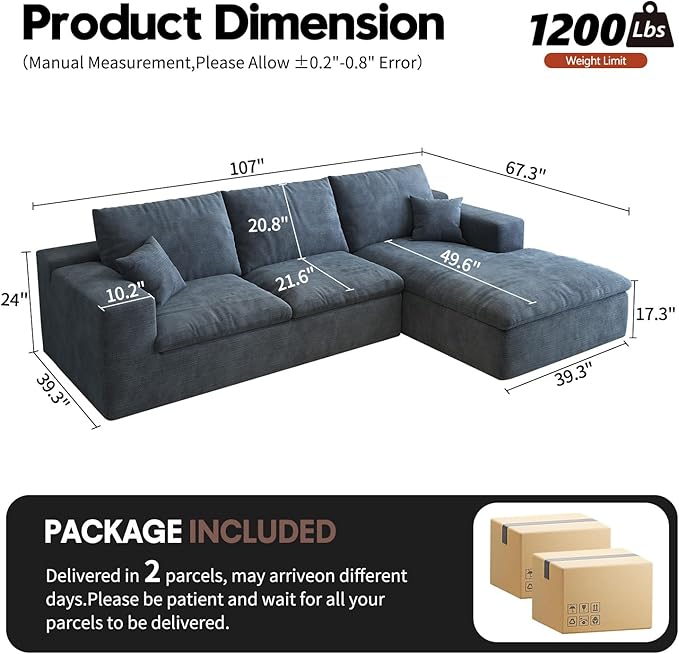 107'' L-Shaped Modern Modular Sectional Cloud Couch, 4-Seat Chenille Deep-Seat Sofa with Pillow for Living Room, Bedroom, Apartment, Ocean Blue