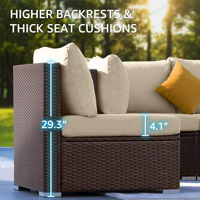 NICESOUL 8 Seat 29.3'' High Back Outdoor Furniture Set, Extra Large Rattan Patio Conversation Sets, Deep Seating Modular Sectional with Ottoman, Oversized Conversations for Backyard, Brown and Beige