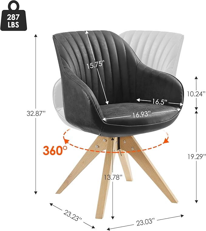 Zouron Mid Century Modern Accent Chair with Oak Wood Legs, Upholstered Swivel Chair No Wheels, Side Accent Armchair Vanity Chair for Small Space Home Office Living Room Bedroom, Black
