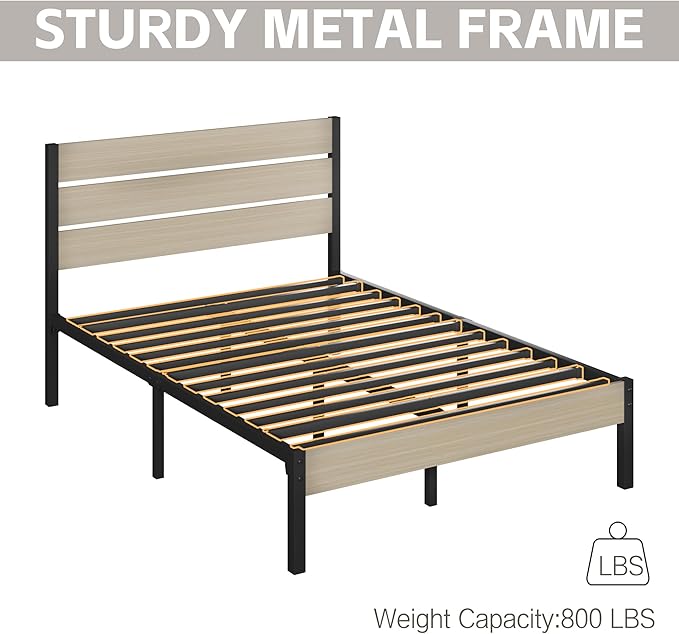 Full Bed Frame with Headboard and Footboard, with Under Bed Storage, All-Metal Support System, No Box Spring Needed, Easy Assembly, Beige