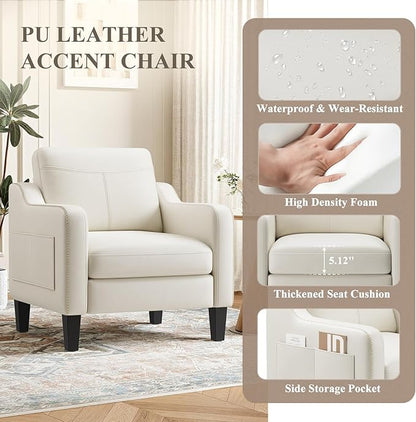 PU Leather Accent Chair Set of 2, Mid-Century Modern Living Room Armchair Sofa with Removable Cushions, Solid Wood Frame & Stitched Armrest Design, Bedroom Chair with Plastic Legs, Beige
