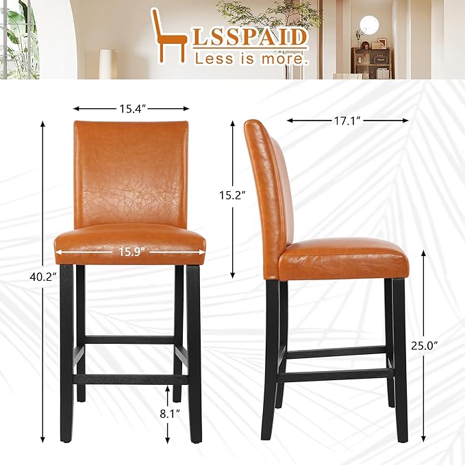 LSSPAID Counter Height Bar Stools Set of 4, 24.8 Inch Upholstered PU Leather Barstools, Modern Kitchen Island Chairs with Backrest and Solid Wood Legs, Light Brown