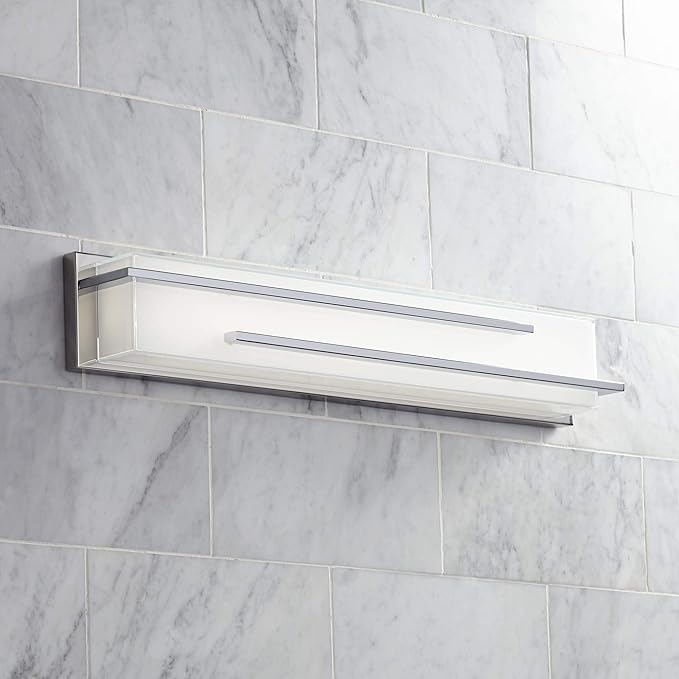 Possini Euro Design Jada Modern Wall Mount Light LED Chrome Silver Hardwired 26 1/4" Wide Light Bar Fixture Rectangular White Glass Shade for Bathroom Vanity Mirror House Home Room Decor