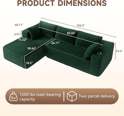 106" Cloud Couch Corduroy Modular Sectional Sofa L-Shape Boneless Couch with Wide Armrests and Cup Holders for Living Room Bedroom, No Assembly Required (Green)