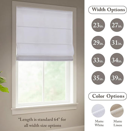 Madison Park Galen Matte White Cordless Roman Shades - Fabric Privacy Single Panel Darkening, Energy Efficient, Thermal Insulated Window Blind Treatment, for Home, Living Room Decor, 31" W x 64" H