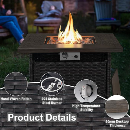 HUMMUH Patio Furniture with Fire Pit 4-Piece Wicker Outdoor Sectional Couch and Swivel Rocking Chairs, Propane Fire Pit Conversation Set for Garden, Backyard, Deck
