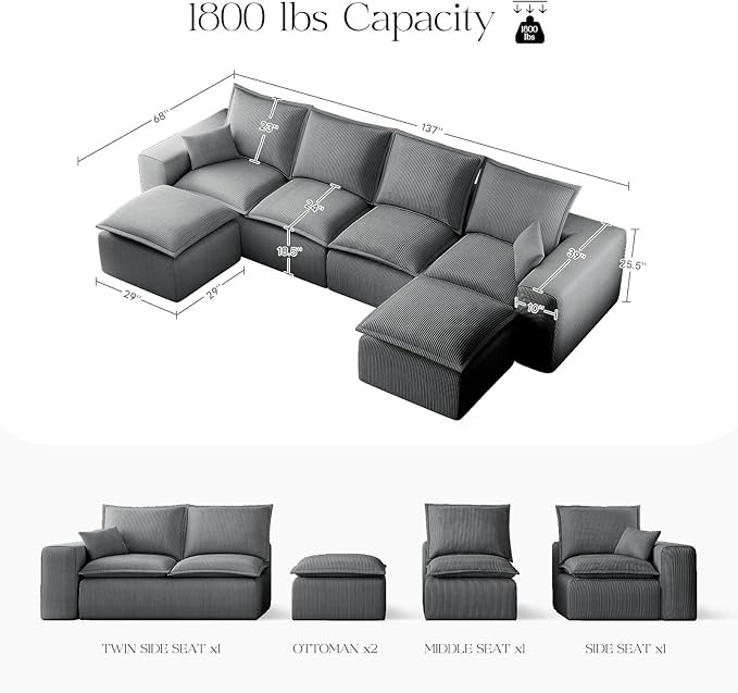 137" Comfy Cloud Couch with U-Shape Chaise & Deep Seat, Modular Sectional Sofa in a Box, Boneless Upholstered Couches for Living Room, No Assembly Required (Soft Corduroy, Gray)