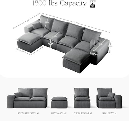 137" Comfy Cloud Couch with U-Shape Chaise & Deep Seat, Modular Sectional Sofa in a Box, Boneless Upholstered Couches for Living Room, No Assembly Required (Soft Corduroy, Gray)