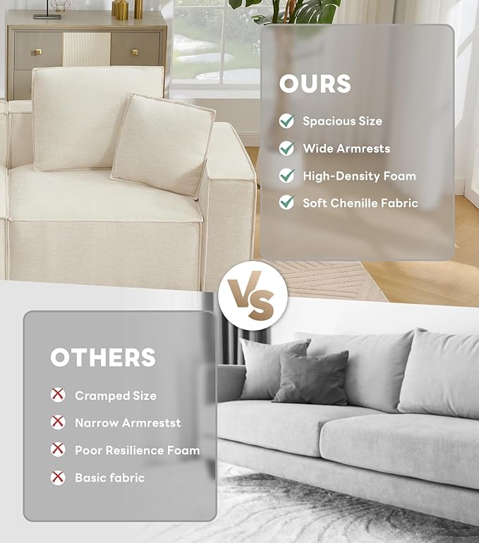 WILLOVE 109'' Modular Sectional Sofa, Chenille Cloud Couch with Wide Armrests & 5 Pillows, Deep Seat Couches for Living Room, Beige