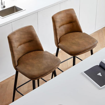 Coffee Counter Height Bar Stools Set of 2, 26 Inch Seat Height with Back and Metal Legs, 360° Swivel Upholstered Faux Leather Swivel Bar Stools