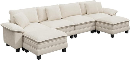 PHI VILLA Cloud Modular Couch Sets, 157.5" Sectional Sofa with U-Shaped Chaise, 6-Seater Couches with Movable Ottomans for Living Room, Corduroy Fabric, Beige