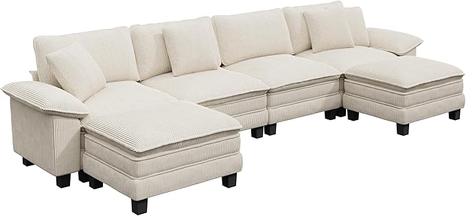 157-Inch U Shaped Sectional Sofa with Cloud Cushions, Deep Seat Modular Couch Set w/ 6 Seats & 2 Ottomans, Removable Arms, Plush Corduroy Upholstery for Living Room, Apartment - Beige
