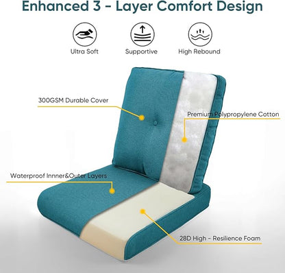8-Piece Outdoor Patio Cushion Set - Fade & Water Resistant with Removable Olefin Cover, 22x24x4 Inch Memory Foam Cushions for Wicker Sectional Sofa – Peacock Green/Buckle