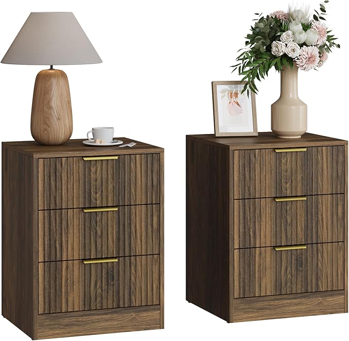3-Piece Modern Bedroom Furniture Set, Wide 7-Drawer Dresser & 3-Drawer Nightstands Set of 2, Natural Wood Dresser and Nightstand Sets for Bedroom,Hallway, Walnut