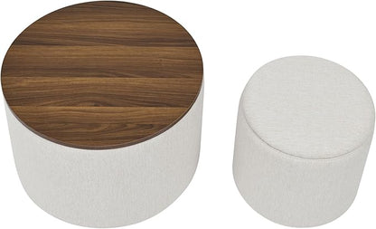 DAGONHIL 2-Piece Set Round Chenille Storage Ottoman, Equipped with a Drum Shaped Small Stool, Storage Space, and MDF Made Desktop Panel (Beige 23.6"x23.6"x16.5")