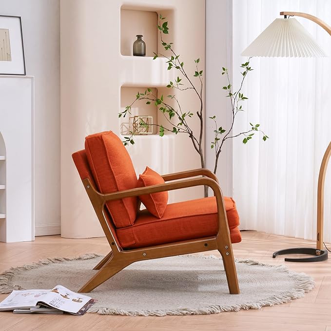 Karl home Accent Chair Mid-Century Modern Chair with Pillow Linen Fabric Upholstered Lounge Arm Chair with Solid Wood Frame & Soft Cushion for Living Room, Bedroom, Balcony, Burnt Orange