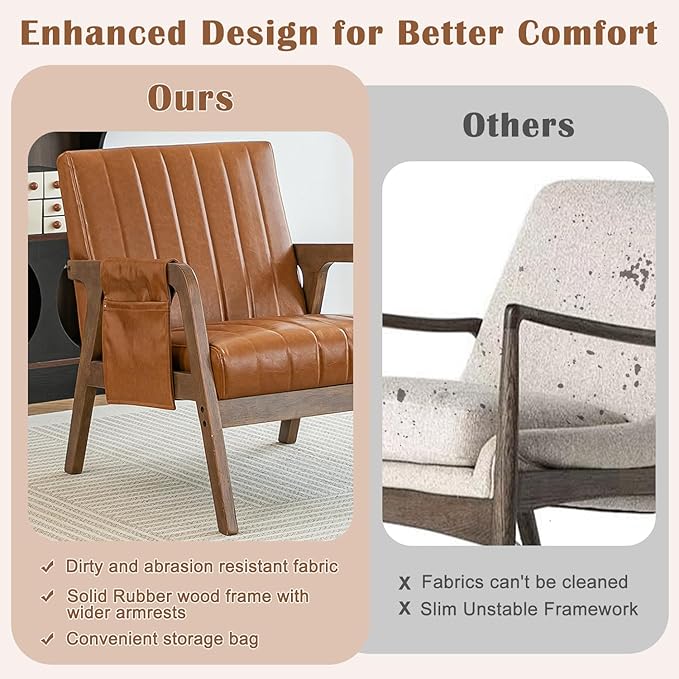 EROMMY Mid Century Modern Leather Accent Chair with Wood Frame, Faux Leather Accent Armchair with Storage Bag,Pu Living Room Accent Chair for Reading, Bedroom,Deep Brown