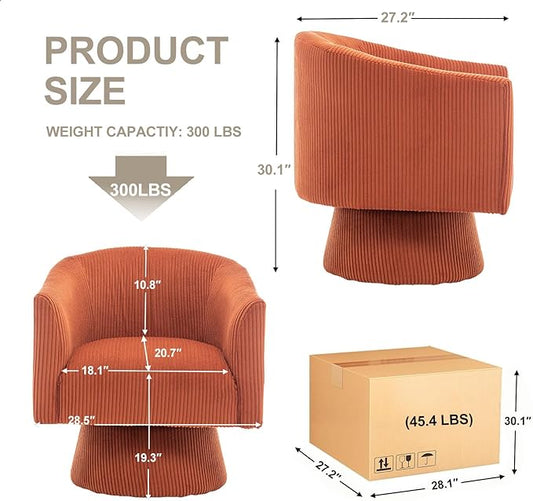Swivel Accent Chair Set of 2, Modern 360° Swivel Barrel Chair, Corduroy Upholstered Single Sofa for Living Room, Bedroom(Orange)