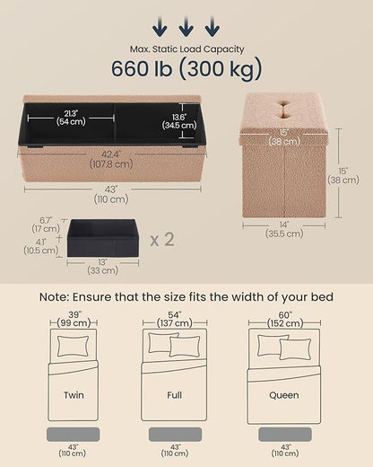 SONGMICS Storage Ottoman Bench, Storage Chest, 15 x 43 x 15 Inches, Foot Rest Stool, End of Bed Bench, Load up to 660 lb, for Living Room, Bedroom, Entryway, Camel Brown ULSF097K01