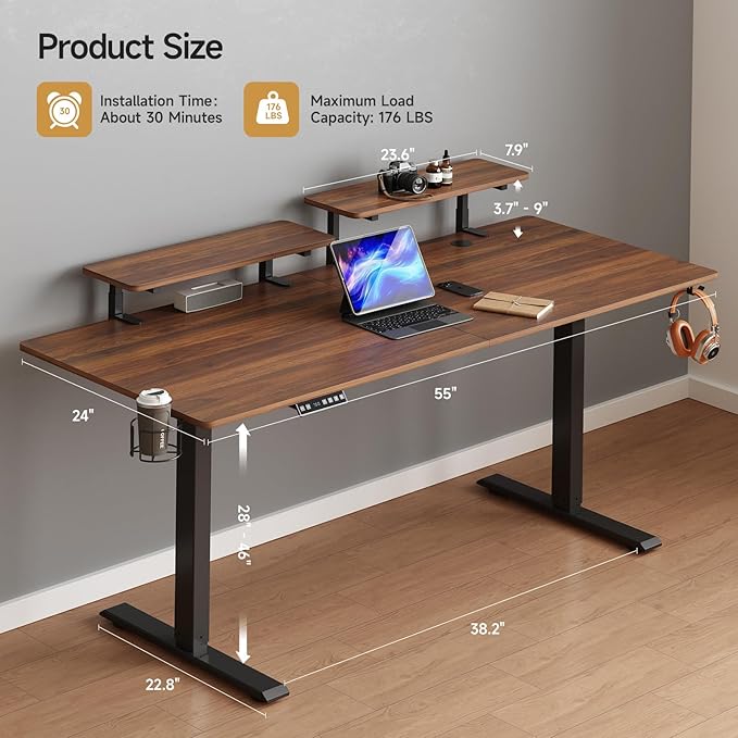 ONBRILL Standing Desk with 2 Adjustable Monitor Shelves, 55 x 24 Inches Electric Stand Up Desk with Memory Controller and Adjustable Height from 28-46 inches for Computer Workstations, Walnut