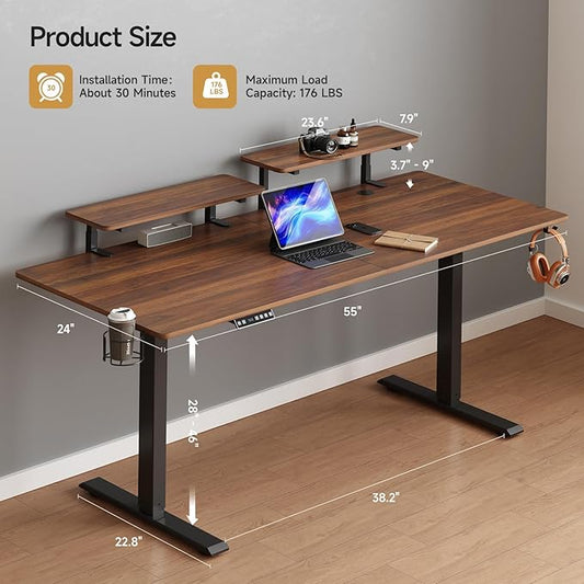 ONBRILL Standing Desk with 2 Adjustable Monitor Shelves, 55 x 24 Inches Electric Stand Up Desk with Memory Controller and Adjustable Height from 28-46 inches for Computer Workstations, Walnut