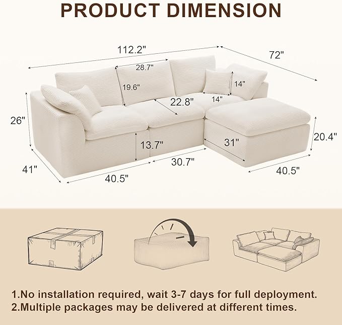 112" Cloud Sectional Couch, Boneless Couches for Living Room, L Shaped Couch with Convertible Ottoman, Modular Sectional Sofa with Deep Seat, Comfy Soft Cushions, No Assembly, Beige