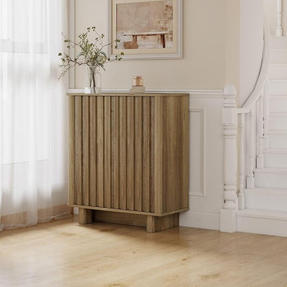 Natural Storage Cabinet Set, Freestanding Floor Cabinet 23.6” Farmhouse Sideboard with 2 Fluted Doors Wooden Buffet Cabinet Media Console Table Credenza for Living Room Dining Room Hallway, Singe