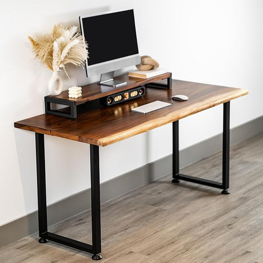 Wood Computer Desk with Monitor Stand - 48x27 Solid Wood Desk, Live Edge Walnut Desk, Sturdy Metal Legs - Scratch and Stain Resistant Finish - Premium Quality