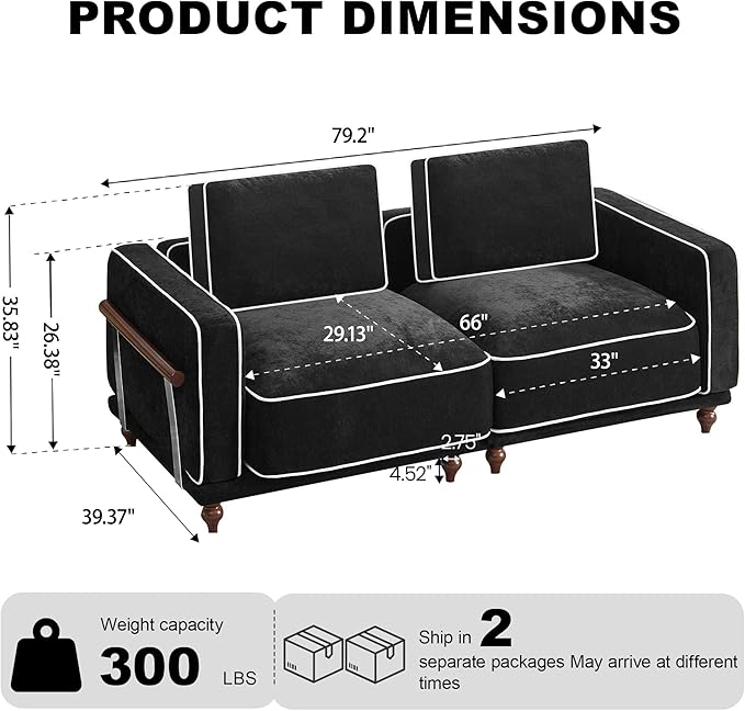 80" Loveseat Sofa Cloud Modular Sectional Couch,Deep Love Seat Couch with Armrests Wooden Legs,2 Seater Comfy Thicked Cushion Upholstered Sofa for Living Room Bedroom,Black