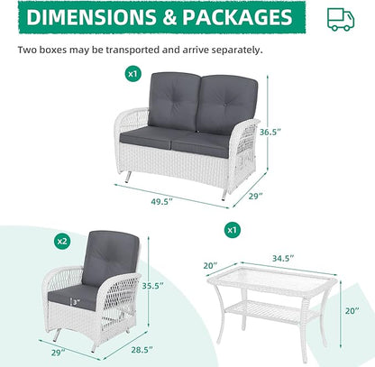 VIVIJASON 4-Piece Outdoor Patio White Wicker Conversation Sets, All Weather Rattan Furniture Set Includes Glider Loveseat, Coffee Table, 2 Glider Rocker Chairs w/Cushion for Lawn Balcony, Grey