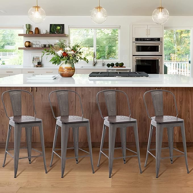 Aklaus Swivel Metal Bar Stools with Backs Counter Stools Set of 4 Counter Height Stools High Back Bar Chairs 26 Inch Barstools Farmhouse Rusty