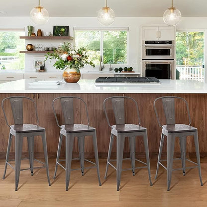 Aklaus Swivel Metal Bar Stools with Backs Counter Stools Set of 4 Counter Height Stools High Back Bar Chairs 26 Inch Barstools Farmhouse Rusty