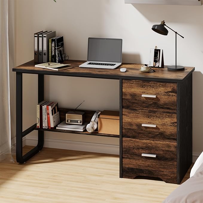 Small Desk with 3 Drawers, 47 Inch Computer Desk with Drawers & Bottom Shelves for Bedroom, Home Office Desk with Storage File Cabinet for Small Spaces, Writing and Work, Black and Brown