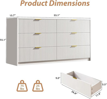 3-Piece Dresser Bedroom Set, 6 Drawer Dresser & 3 Drawer Nightstands with Gold Handles, Fluted Wood Chest of Drawers for Bedroom, Living Room, Entryway, White