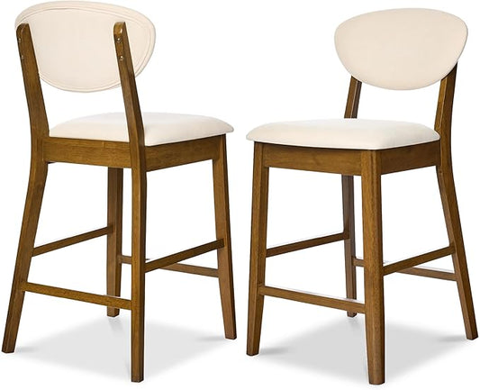 Best Choice Products Bar Stool Set of 2, Mid-Century Modern Upholstered Wood, Armless Counter Height w/Seat Cushion, Backrest - Walnut/Cream