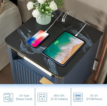 QUW Fluted Nightstands with Charging Station, 18" Modern Side Table, Wooden Bedside Table with Faux Marble Top, Open Storage, Cabinet, End Table for Bedroom, Living Room, Navy Blue
