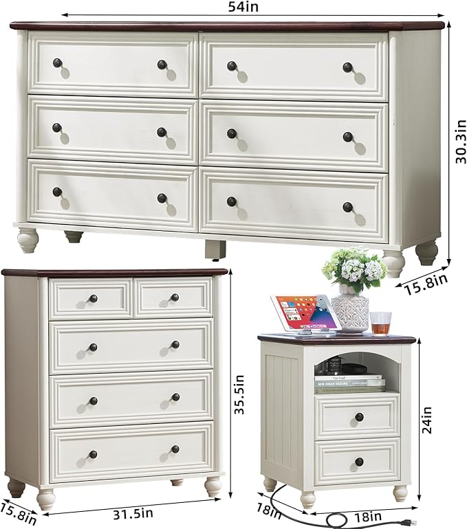 Farmhouse Dressers & Night Stand Set of 4, Wood 54" Wide 6 Drawer Dresser & 35" Tall Chest of Drawers, 18" Roman Column Nightstand Set of 2, Bedroom Furniture Dresser Sets for Home Living Room Hallway