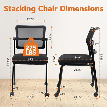 CLATINA Stacking Armless Office Guest Chair with Wheels, Stackable Mesh Waiting Room Reception Desk Chairs with Adjustable Backrest for Conference Lobby Side School, Black