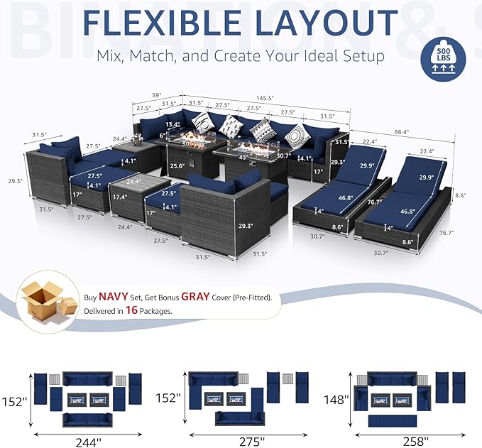 NICESOUL 18 Piece Patio Furniture Set with Fire Pit Table and Chaise, Modern Huge Complete Outdoor Wicker Couch Sets with Firepit and Loungers, 14-Seats Outdoor Seating Sectional Comfy Wide, Gray&Navy