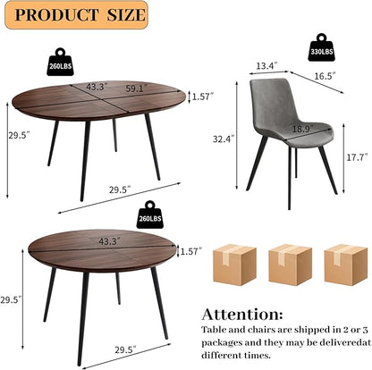 43.3"-59.1" Extendable Round Dining Table Set of 4, Mid Century Wooden Round Kitchen Table, Coffee Table for 4-6 Person, 4 Gray PU Leather Chair