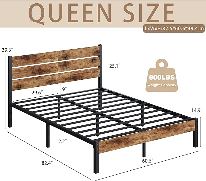 Queen Bed with Headboard and Footboard, with Under Bed Storage, All-Metal Support System, No Box Spring Needed, Easy Assembly, Vintage Brown