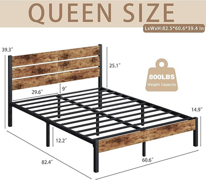 Queen Bed with Headboard and Footboard, with Under Bed Storage, All-Metal Support System, No Box Spring Needed, Easy Assembly, Vintage Brown