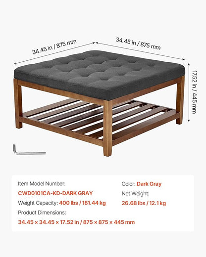 VEVOR Large Square Ottoman Coffee Table, 34.5 Inch Tufted Coffee Table with Solid Wood Shelf Storage, Linen Solid Upholstered Footrest Ottoman for Bedroom Living Room, 400 LBS, Dark Grey